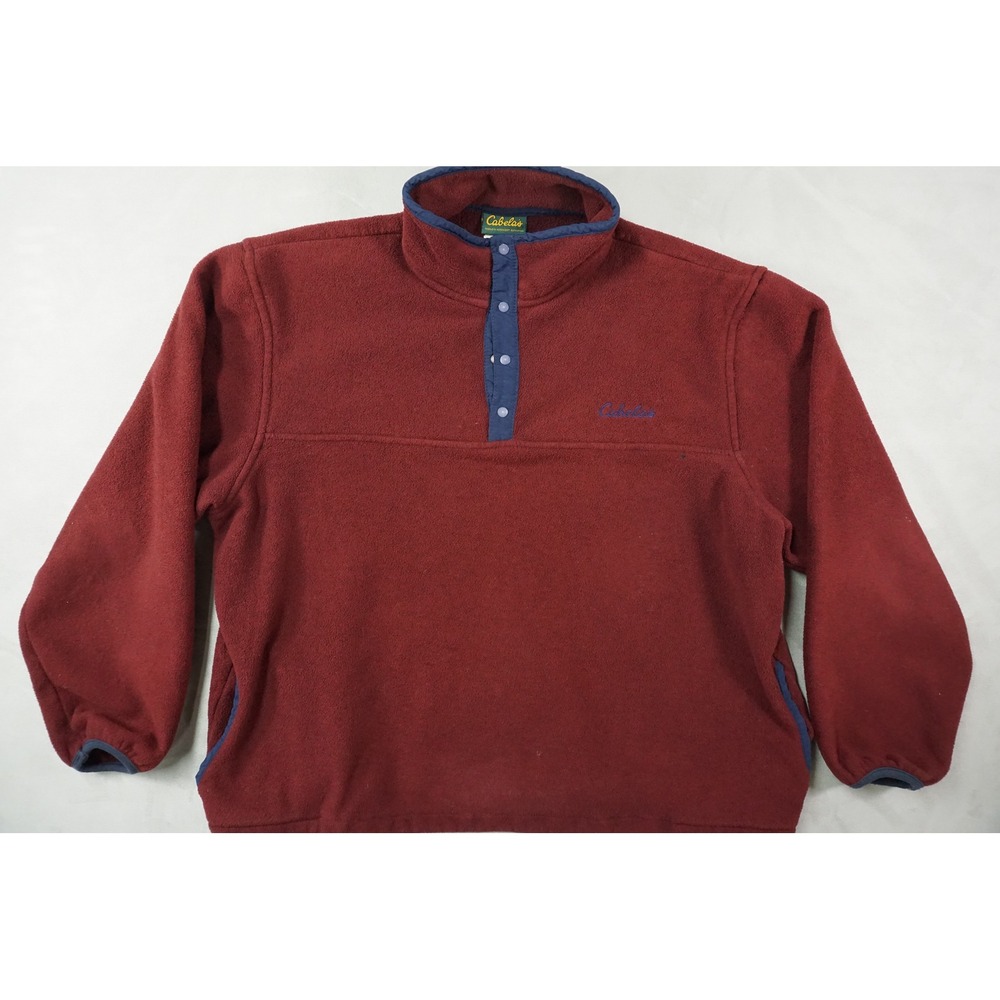 Vintage Cabelas Sweater Mens Large Fleece Pullover Burgundy Snap Outdoors